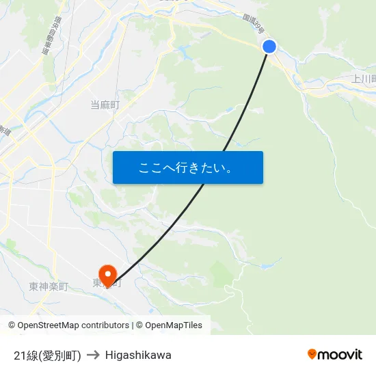 21線(愛別町) to Higashikawa map