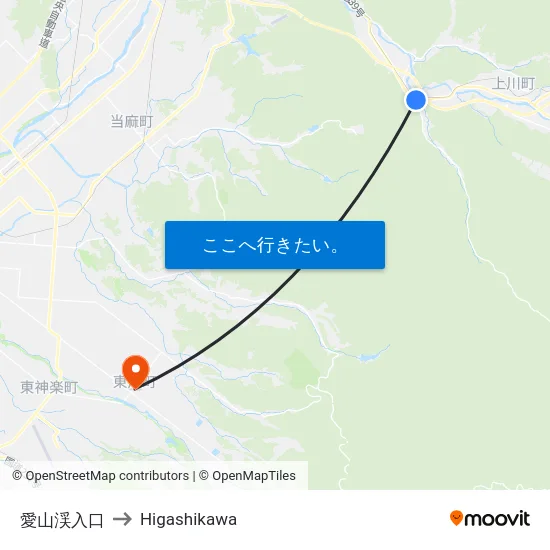 愛山渓入口 to Higashikawa map