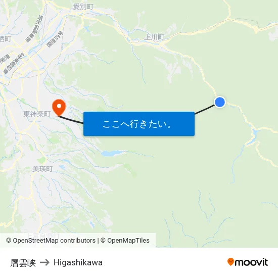 層雲峡 to Higashikawa map