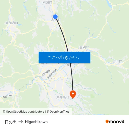 日の出 to Higashikawa map