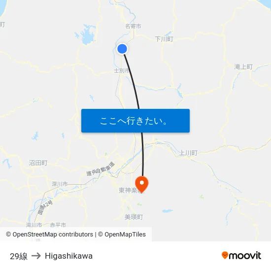 29線 to Higashikawa map