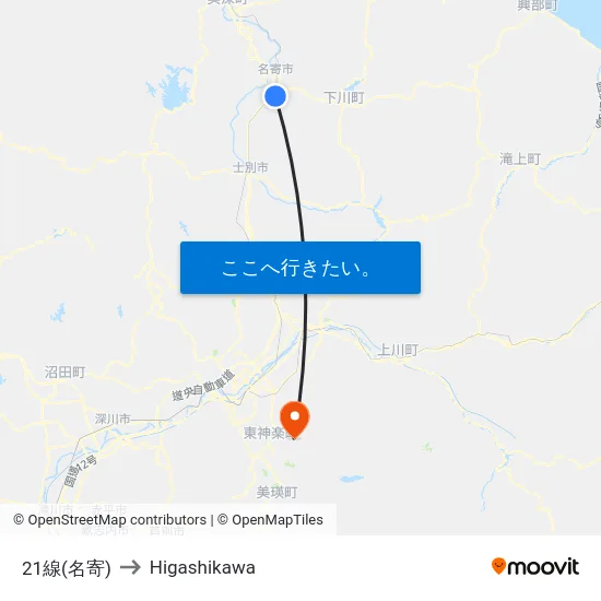 21線(名寄) to Higashikawa map