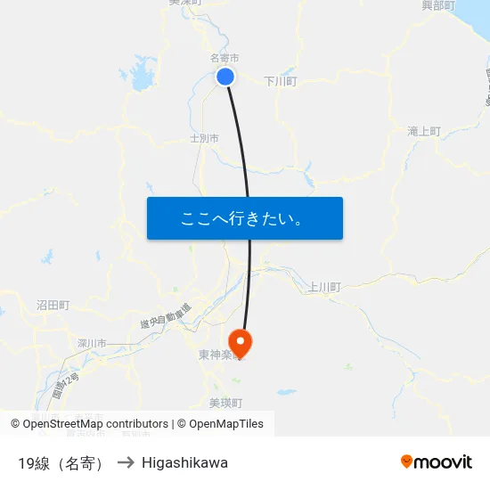 19線（名寄） to Higashikawa map