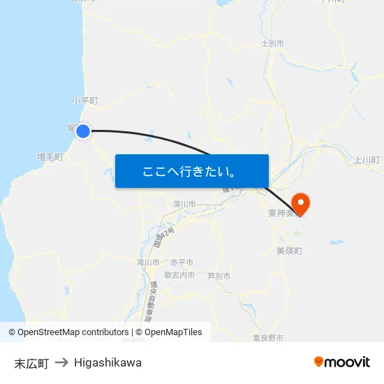 末広町 to Higashikawa map