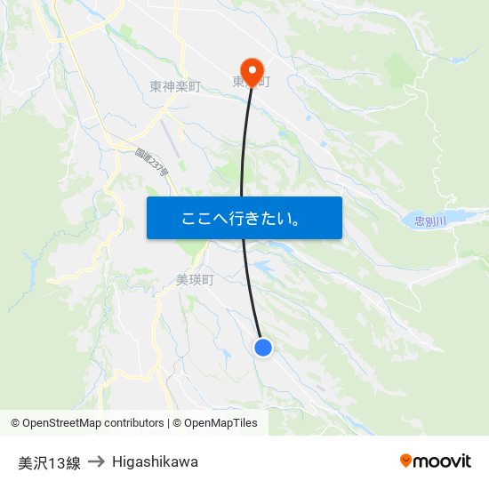 美沢13線 to Higashikawa map