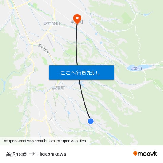 美沢18線 to Higashikawa map