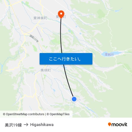 美沢19線 to Higashikawa map