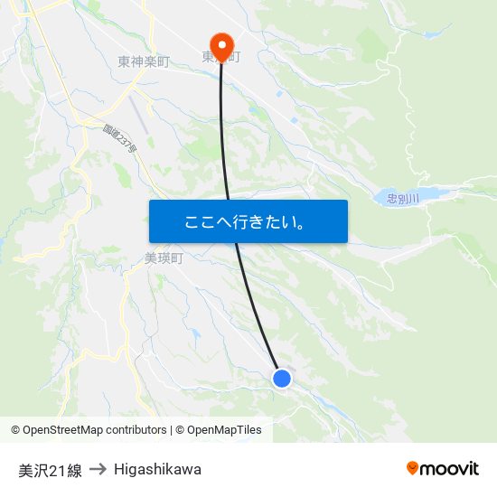 美沢21線 to Higashikawa map