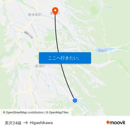 美沢24線 to Higashikawa map