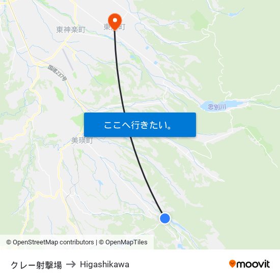 クレー射撃場 to Higashikawa map