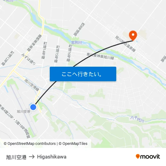 旭川空港 to Higashikawa map
