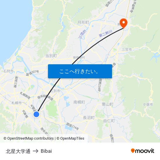 北星大学通 to Bibai map