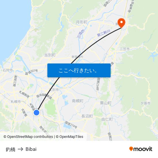 釣橋 to Bibai map