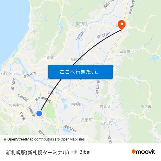 新札幌駅(新札幌ターミナル) to Bibai map