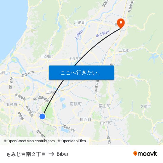 もみじ台南２丁目 to Bibai map