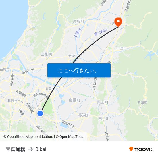 青葉通橋 to Bibai map