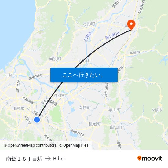 南郷１８丁目駅 to Bibai map