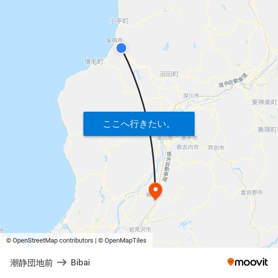 潮静団地前 to Bibai map