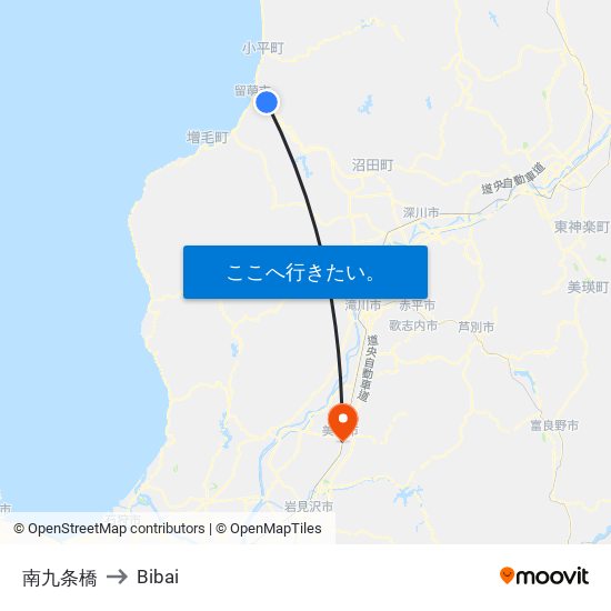 南九条橋 to Bibai map