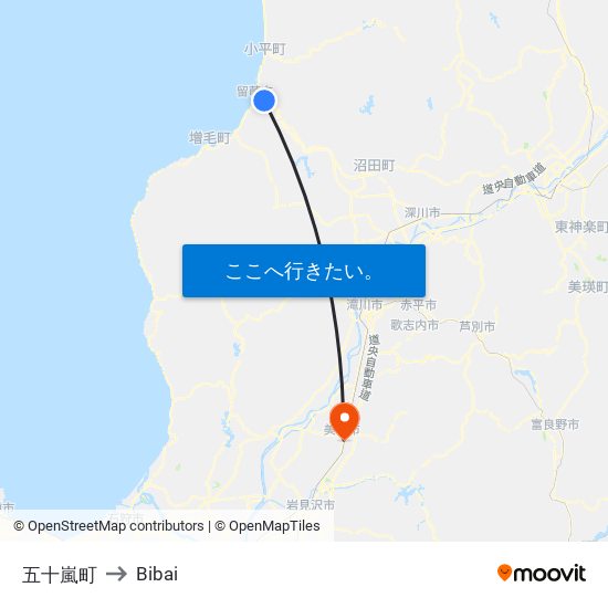 五十嵐町 to Bibai map