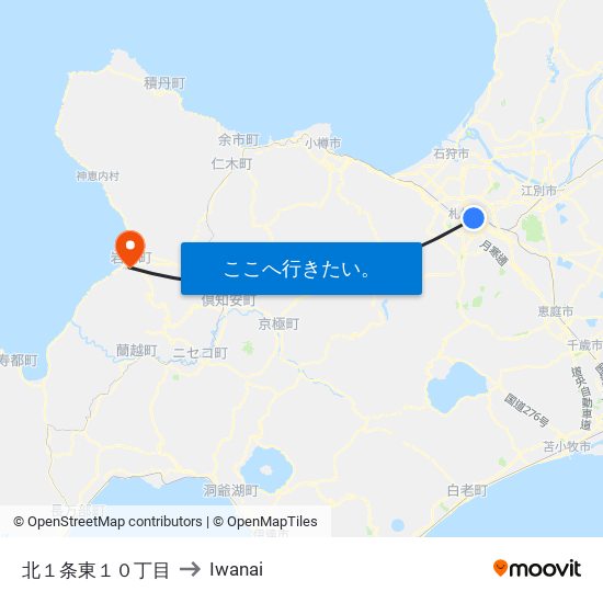 北１条東１０丁目 to Iwanai map