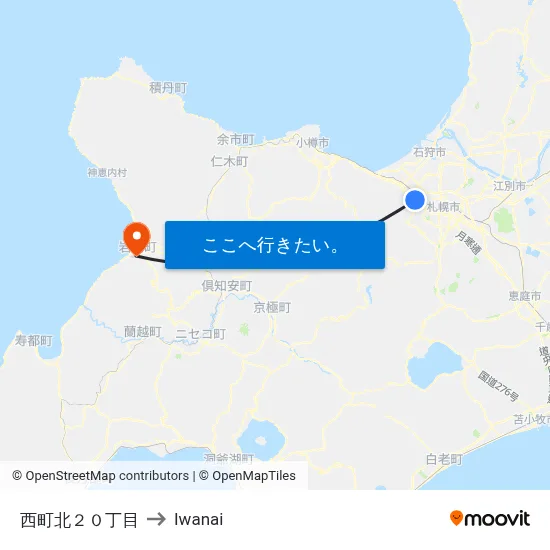 西町北２０丁目 to Iwanai map