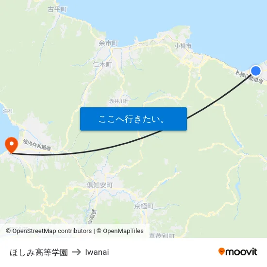 ほしみ高等学園 to Iwanai map