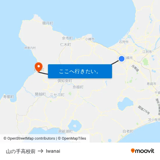 山の手高校前 to Iwanai map