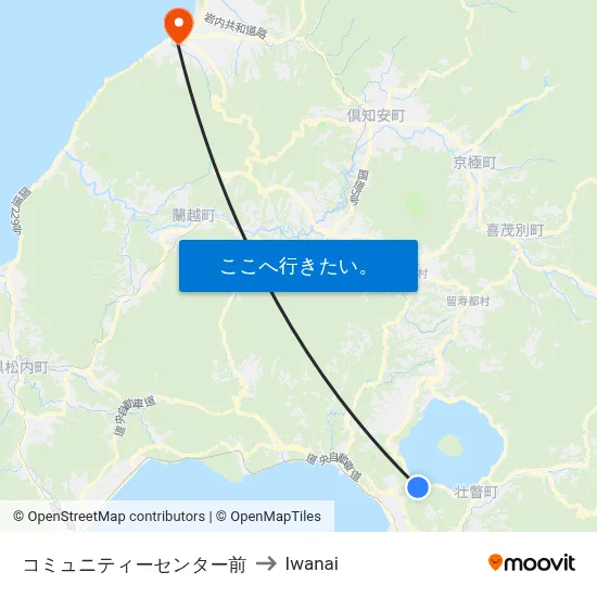 コミュニティーセンター前 to Iwanai map