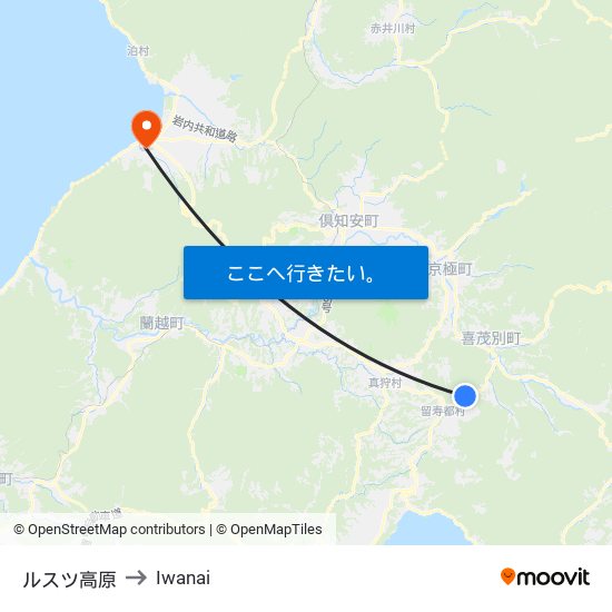 ルスツ高原 to Iwanai map