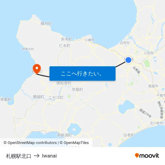札幌駅北口 to Iwanai map
