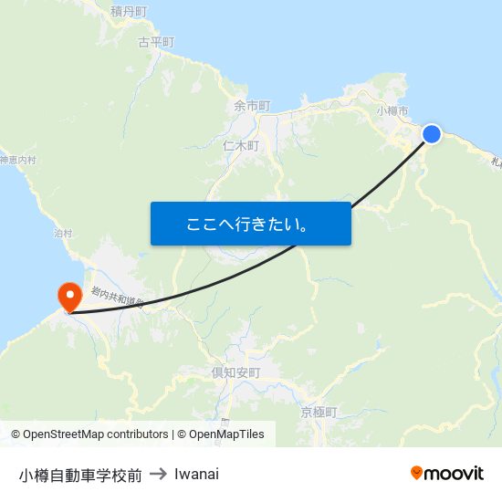 小樽自動車学校前 to Iwanai map