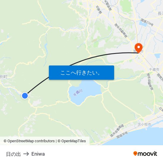 日の出 to Eniwa map