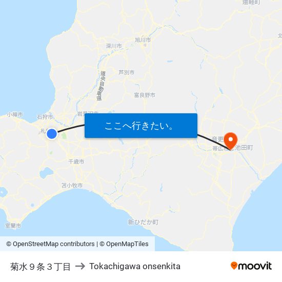 菊水９条３丁目 to Tokachigawa onsenkita map