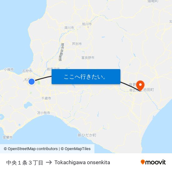 中央１条３丁目 to Tokachigawa onsenkita map