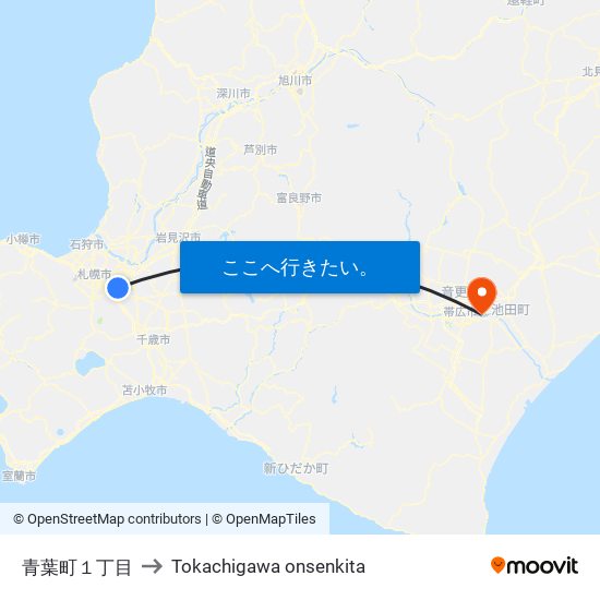 青葉町１丁目 to Tokachigawa onsenkita map