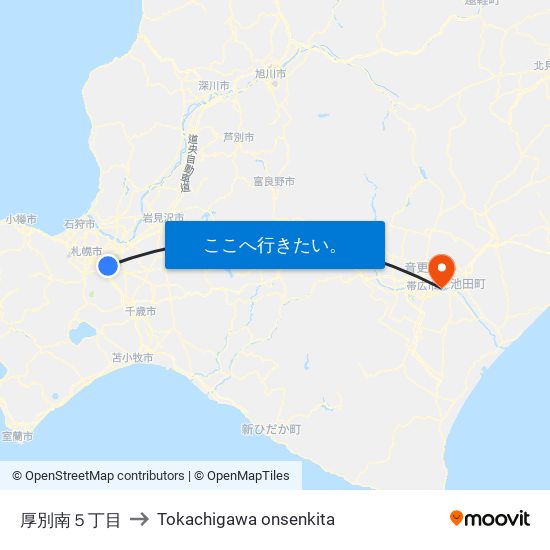 厚別南５丁目 to Tokachigawa onsenkita map