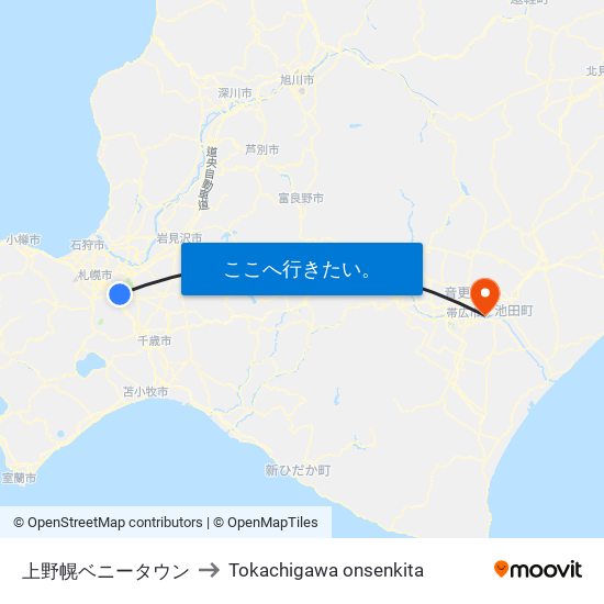 上野幌ベニータウン to Tokachigawa onsenkita map