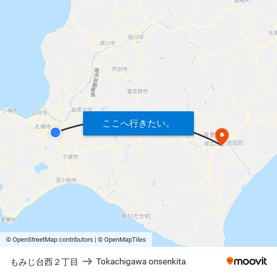 もみじ台西２丁目 to Tokachigawa onsenkita map