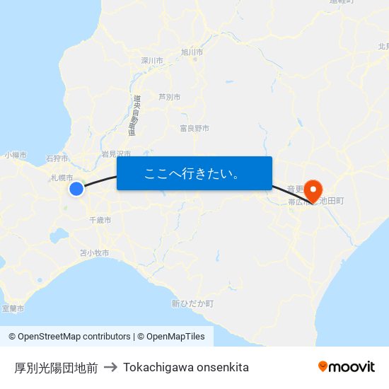 厚別光陽団地前 to Tokachigawa onsenkita map