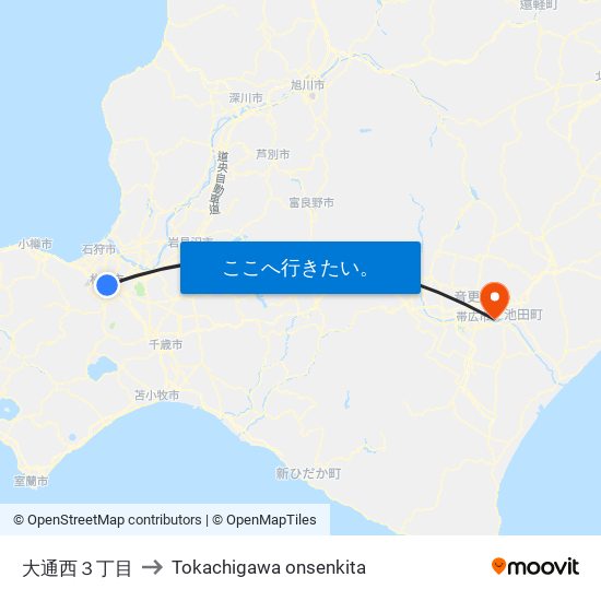 大通西３丁目 to Tokachigawa onsenkita map