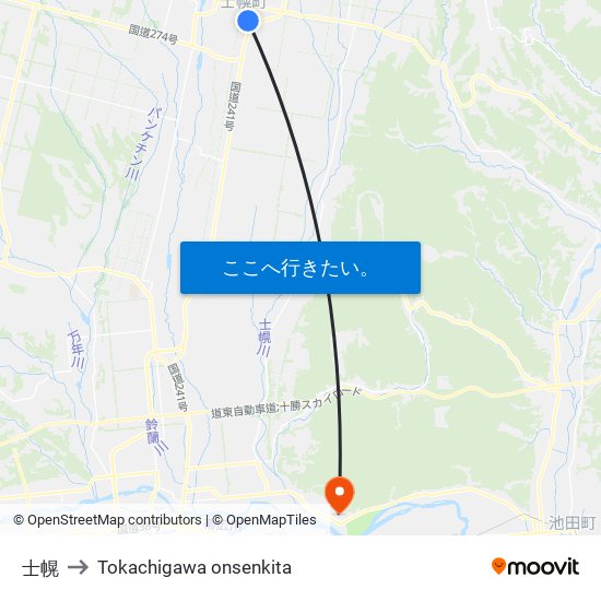 士幌 to Tokachigawa onsenkita map