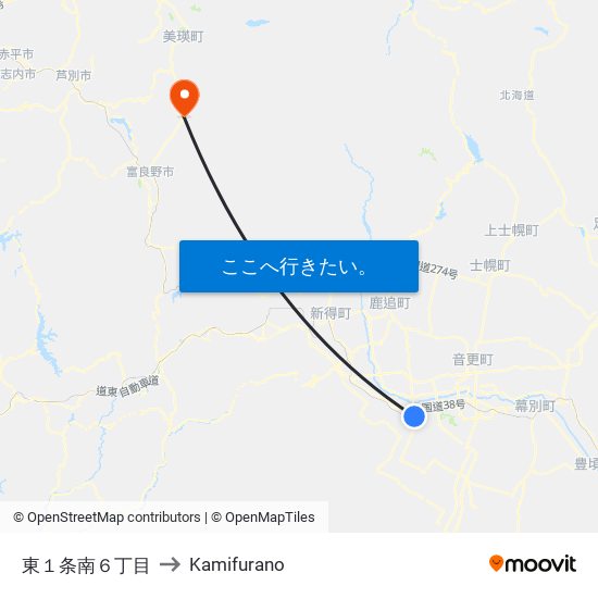 東１条南６丁目 to Kamifurano map