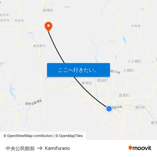 中央公民館前 to Kamifurano map