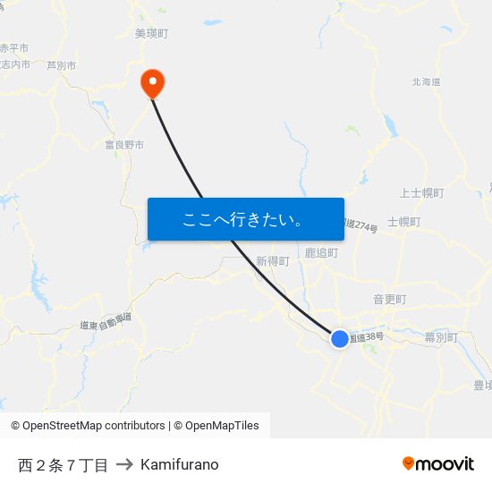 西２条７丁目 to Kamifurano map