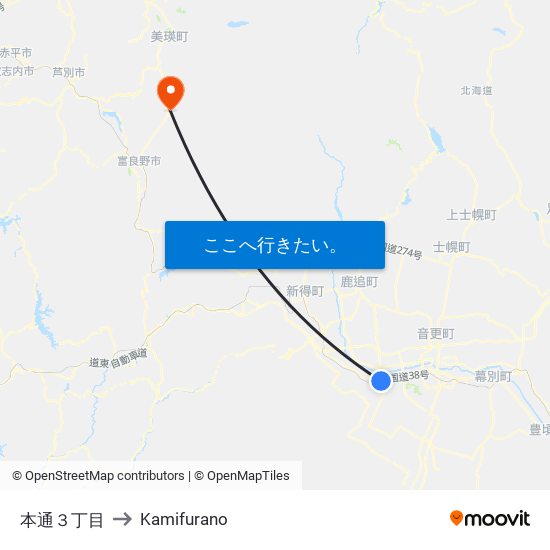 本通３丁目 to Kamifurano map