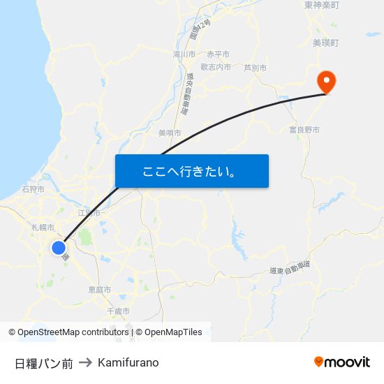 日糧パン前 to Kamifurano map