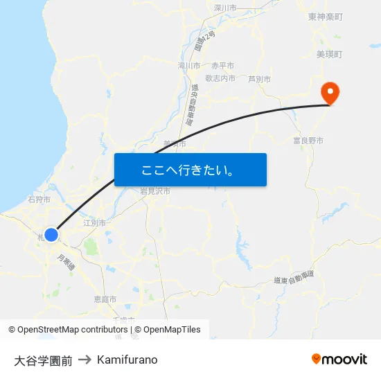 大谷学園前 to Kamifurano map