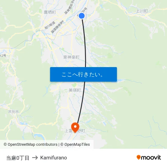 当麻0丁目 to Kamifurano map