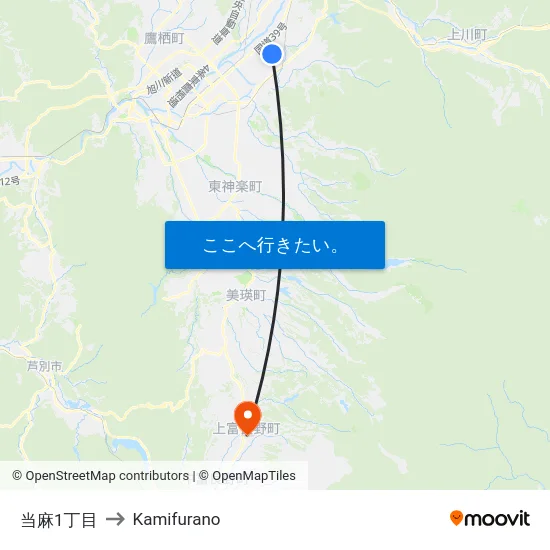 当麻1丁目 to Kamifurano map